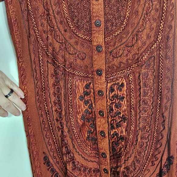 Bohemian Embroidered Maxi Dress OS Rust Button Front Tie Back Flowy Viscose - Picture 9 of 10